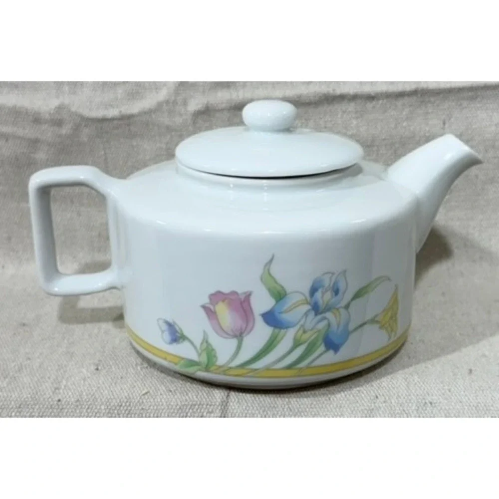 Floral Ceramic Teapot and Teacup Set Blue Iris Pink Tulip Yellow Daffodil